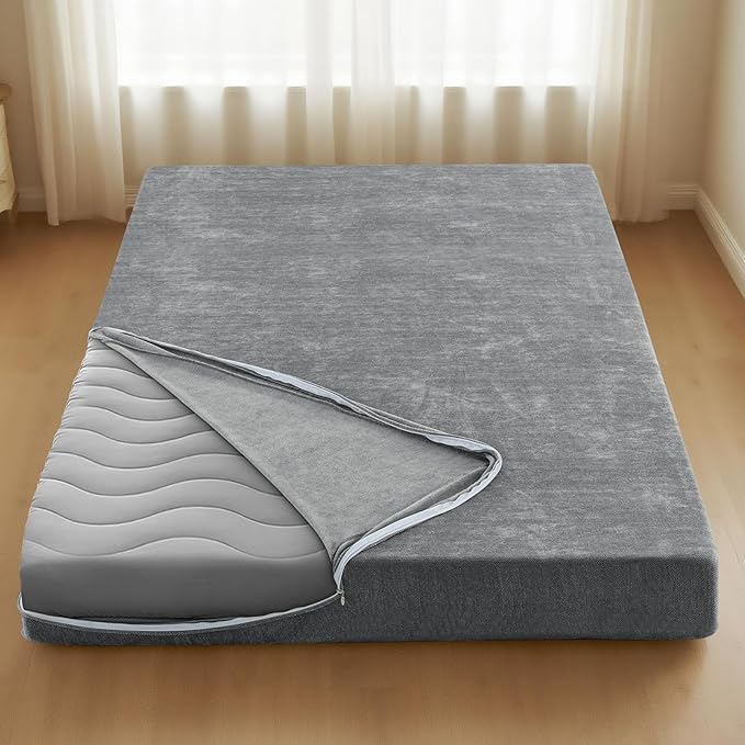 H.VERSAILTEX Full Size Armless Futon Mattress Covers for Traditional Japanese Futon Mattress Soft Chenille Couch Slipcovers Floor Mats Sofa Protector Zippered Sleeper Sofa Cover,Grey