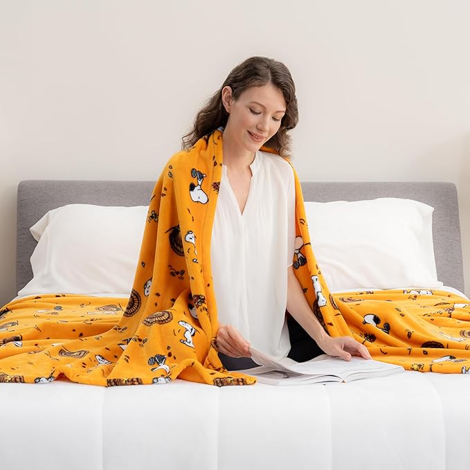Berkshire Blanket Peanuts® VelvetLoft® Cute Character Snoopy Plush Blanket,Snoopy and Woodstock Fall Birds & Leafs Orange,Full/Queen 90 in x 90 in (Official Peanuts® Product)