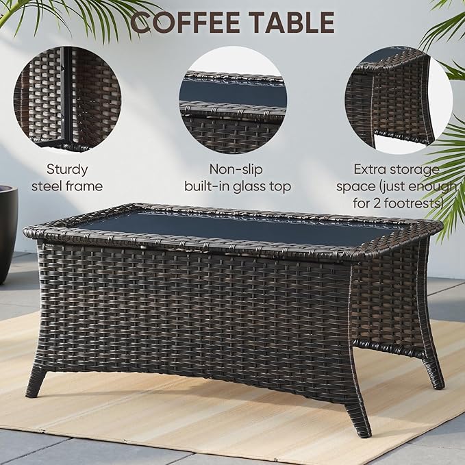 Swivel Patio Chairs Sofa Set of 8 with 6" Thick Cushion - Wicker Outdoor Swivel Rocker Patio Chair,Sofa/Glass Coffee Table, High Back Comfortable Outdoor Glider Chairs - Brown Wicker | Beige Cushions
