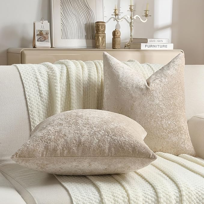 FUTEI Beige Flannel Throw Pillow Covers 22x22 Inch Set of 2,Soft Dimensional Textured Cushion Cases,Modern Home Decor for Couch Living Room