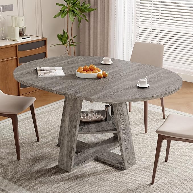 Aivermel 43.3‑59 in Extendable Oval Dining Table for 4‑6, Engineered Wood Round Dining Table with Hidden Extension Storage & Bottom Shelf, Space‑Saving Modern Kitchen Living Room Tables (Vintage Grey)