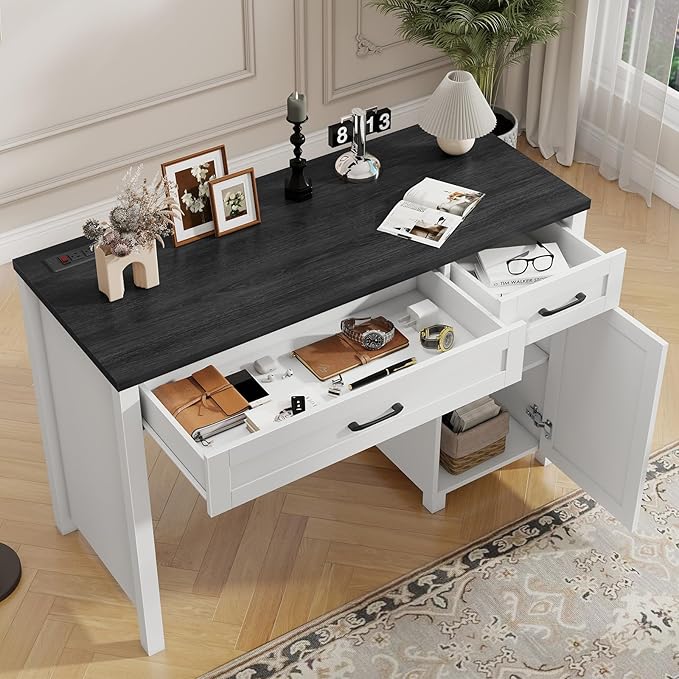 Farmhouse 47" Executive Desk, Computer Desk with Drawers and Storage Cabinet, Workstation for Home Office and Study.(Black)