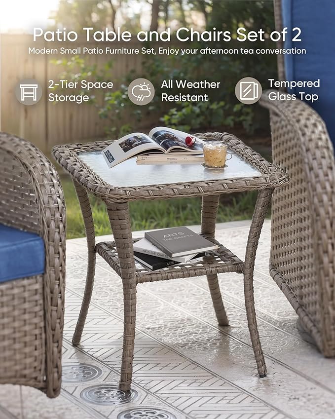 HUMMUH Patio Furniture Wicker Outdoor Furniture Sets High Back Outdoor Glider Bench with Patio Swivel Chairs Patio Conversation Sets for Deck Lawn Porch Balcony Poolside-Grey/Blue