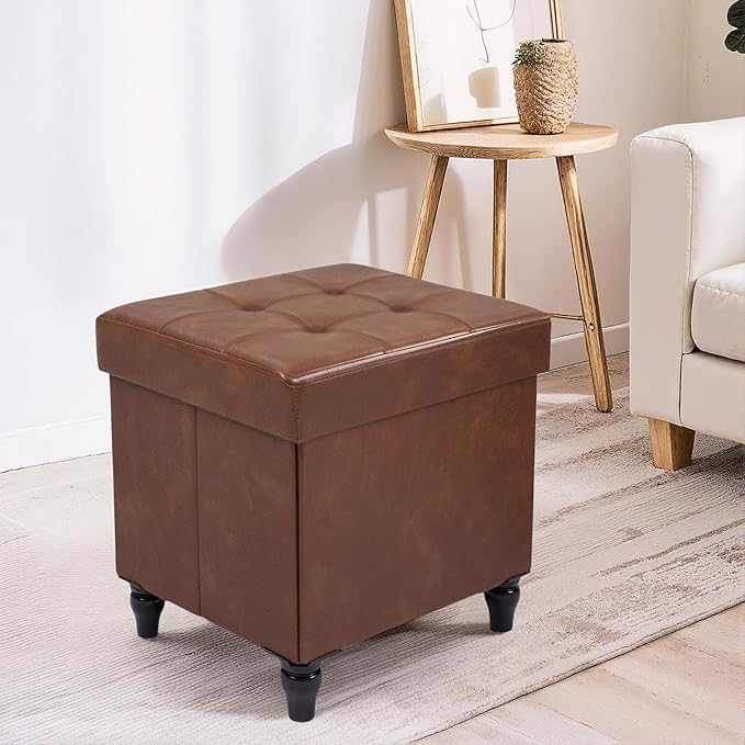 GLAXYFUR Storage Ottoman Bench, 15 Inches Foldable Ottoman Foot Stool with Legs, PU Leather Footrest for Living Room, Bedroom, Dorm (Brown)