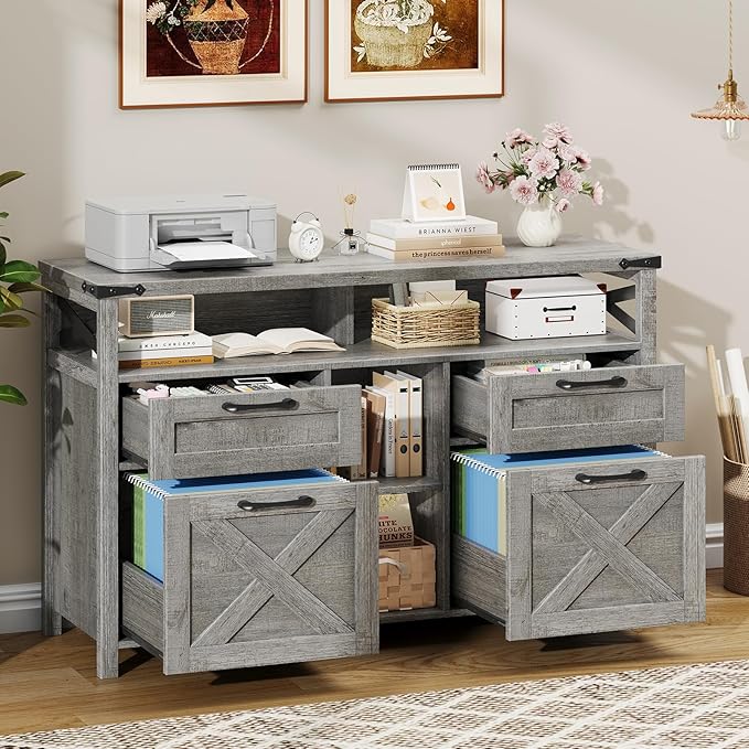 Filing Organization Storage Cabinets 4 Drawer with Adjustable Shelf, Lateral Filing Cabinet with Open Storage Shelf for Home Office, Farmhouse File Cabinets for Hanging Files Letter/A4.Gray