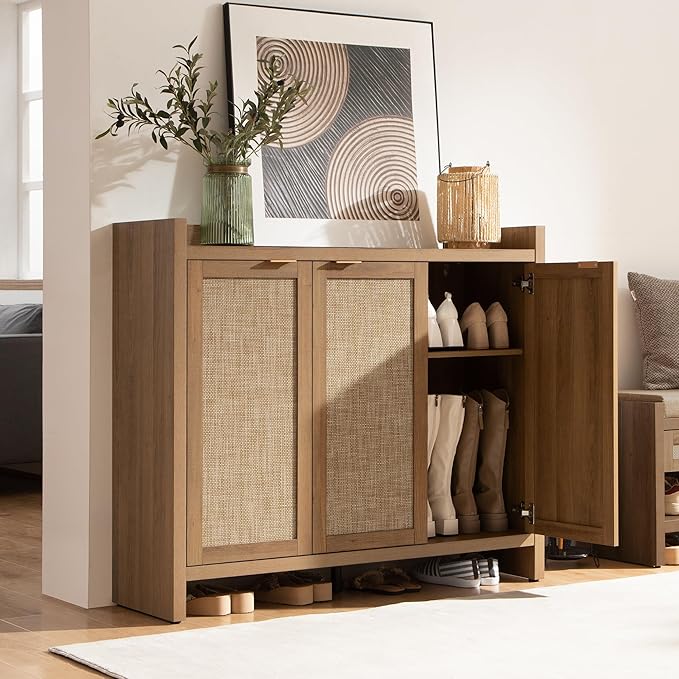 SICOTAS Shoe Storage Cabinet, 30 Pairs Rattan Shoe Cabinet Storage for Entryway, 6-Tier 41" Tall Large Shoe Cabinet, Boho Farmhouse Cabinet with Doors for Entryway Hallway Living Room Closet