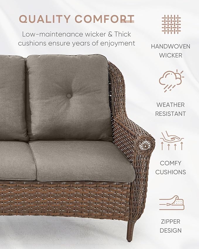 Patio Couch Outdoor Wicker Sofa - Heavy Duty All-Weather Brown Rattan 3-Seater with High Back and Comfortable Thick Cushions for Garden Back Porch Poolside Apartment - Grey