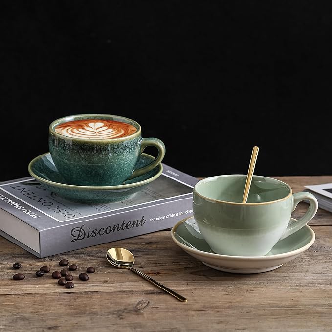 Porcelain Coffee Cup with Saucer Spoon, Vintage Design Ceramic Latte Art Cappuccino Barista Espresso Tea Cup with Saucer (11.6 oz, 350ml, Crystal Green)