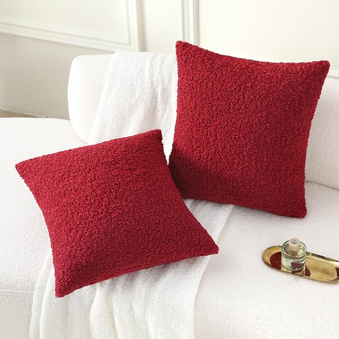 FUTEI Christmas Maroon Red Throw Pillow Covers 24x24 Inch Set of 2,Furry Faux Fur Teddy Boucle Textured Cushion Covers,Soft Fluffy European Pillow Shams,Home Decor for Couch Bed Living Room Car