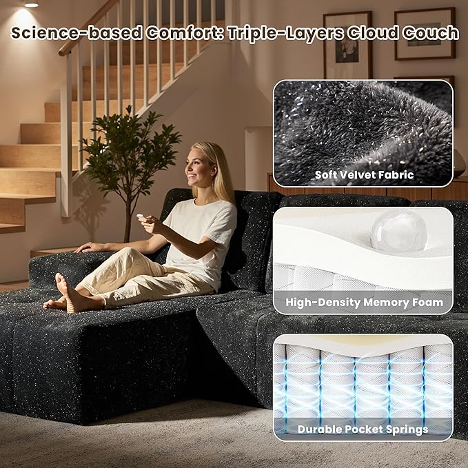 114" Glitter Cloud Sectional Couch with L-Shape Chaise, Modern Boneless Couches for Living Room, Fluffy Tufted Deep Seat Modular Sofa in a Box No Assembly