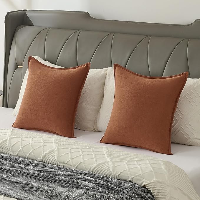 FUTEI Rust Chenille Throw Pillow Covers 26x26 Inch Set of 2,Edges Double-Stitched Euro Pillow Shams,Modern Home Decor for Couch Living Room