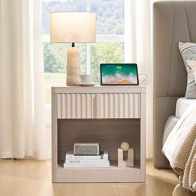 Fluted Nightstand with Charging Station, 23.6" End Table with Open Shelf and Drawers Storage, Bedside Table with Solid Wood Handle, Curved Profile Design, Night Stand for Bedroom