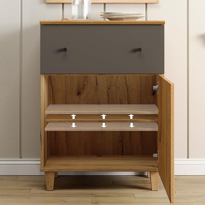WAMPAT Storage Cabinet for Living Room, Freestanding Wood Accent Cabinets Sideboard with Drawer, Door, and Adjustable Shelf for Dining Room, Kitchen, Entryway, 32.4" H, Oak Brown & Dark Grey