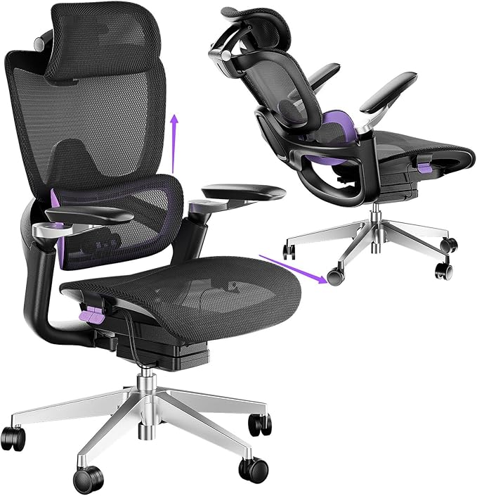 Ergonomic Office Chair, Mesh Home Office Desk Chair with Adjustable Lumbar Support, Big and Tall Gaming Chair with 4D Headrest, 5D Armrest,90-130°Tilt, BIFMA Certified, Model Zen (Purple)