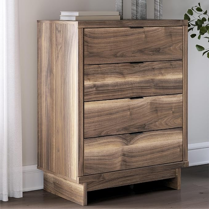 Signature Design by Ashley Darcalli Mid-Century Modern 4-Drawer Chest with Easy Glide and Safety Stop for Bedroom, Light Brown