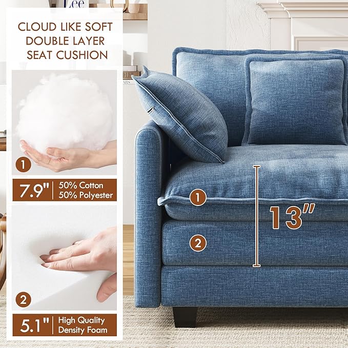 WorthFurni 111.4” Modular Sectional Sofa, U Shape Cloud Couch with 2 Movable Ottoman, Comfy Chenille Deep Seat Sofa with Soft Pillows for Living Room Apartment (Blue)