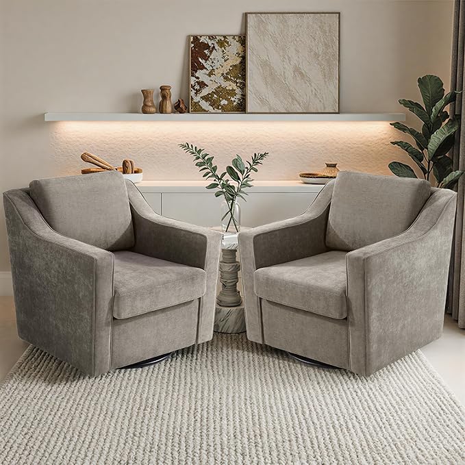 Pia Ricco 360° Swivel Accent Chair, Plush Oversized Chenille Fabric Armchair with Removable Cover for Living Room and Reception,Sand