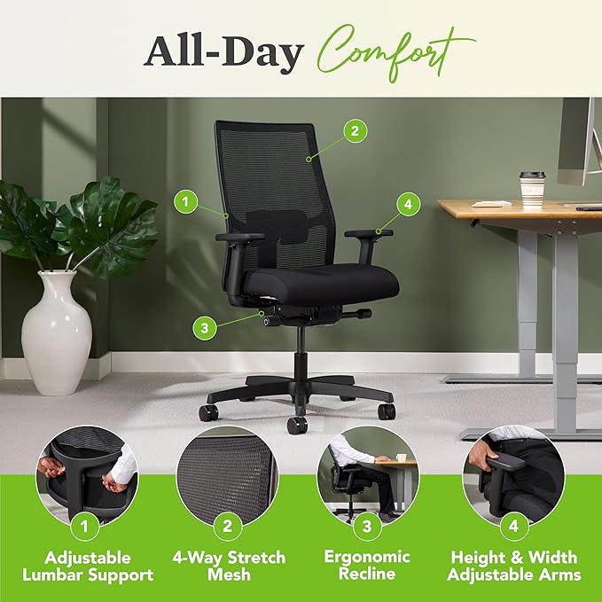 HON Ignition 2.0 Mid Back Task Chair, Spectrum Mesh, Advanced Synchro-Tilt Control, Office Chair with Lumbar Support, Height and Width Adjustable Arms, Titanium Frame, Cobalt