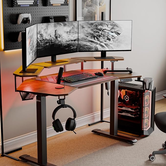 EUREKA ERGONOMIC Aero 55 Inch W Shaped Electric Standing Desk, Height Adjustable Computer Gaming Desk with LED Monitor Shelf, Mouse Pad, Headphone Hook, Cup Holder, Dark Walnut