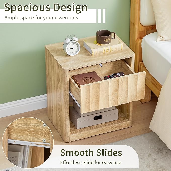 Fluted Dresser, Small Nightstands Set of 2, Natural Bedside Table with Drawer and Storage, Mid Century Modern Side Table for Bedroom Living Room Sofa