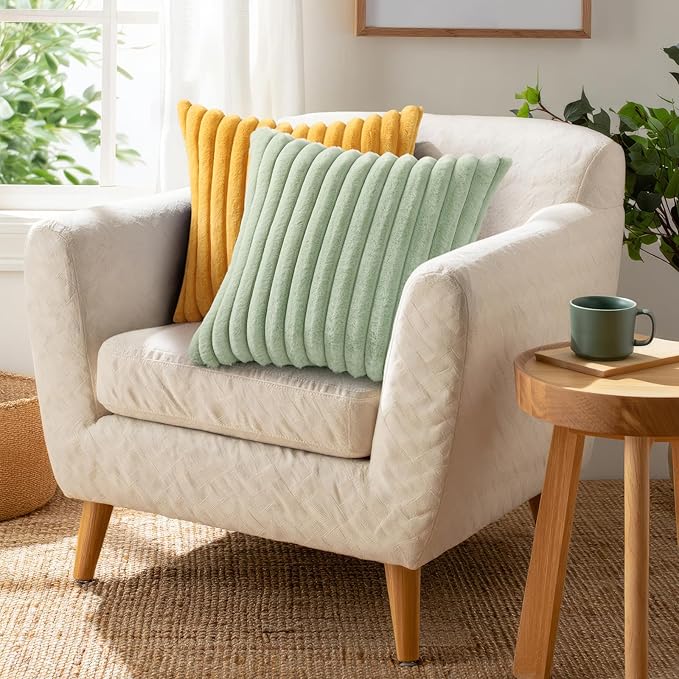 Pallene Faux Fur Plush Throw Pillow Covers 18x18 Set of 2, Luxury Soft Fluffy Striped Decorative Pillow Covers for Sofa, Couch, Living Room, Mustard Yellow