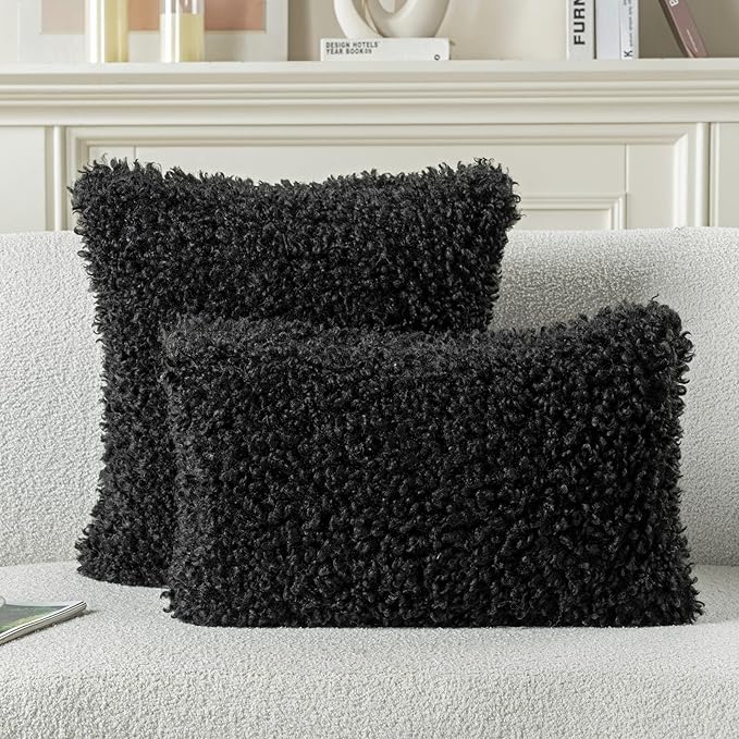 FUTEI Black Decorative Throw Pillow Covers 22x22 Inch Set of 2,Soft Fluffy Faux Wool Fur Boucle Textured Cushion Case,Modern Home Decor for Couch Bed Living Room Office