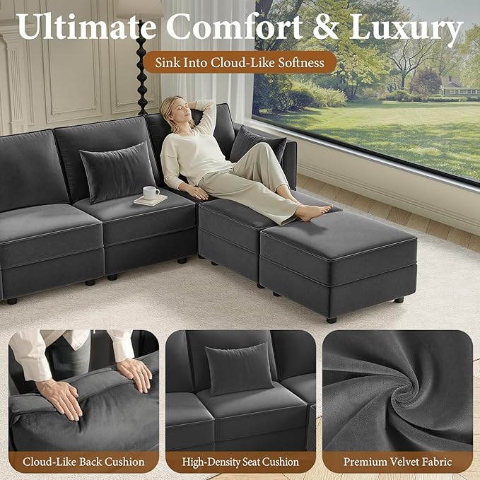 Vesgantti Sectional Sleeper Sofas with Storage, 92" Sofa Bed with 6 Seats Storage Chaises Removeble Cover, Deep Seat Modular Couches Velvet Couch Set for Living Room, Apartment, Home Theatre, Gray
