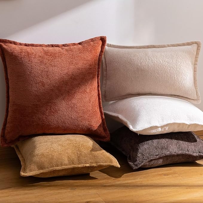 Burnt Orange Fall Decorative Throw Pillow Covers 24x24 Inch Set of 2 Cozy Soild Chenille Cushion Cases Soft Textured Square Couch Pillows Cover Boho Accent Farmhouse Pillowcases for Bed