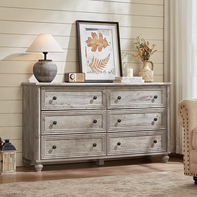 6 Drawers Dresser for Bedroom, Farmhouse 54" Wide Wood Dressers Chest of Drawers, Vintage Design TV Stand, Rustic Storage Dresser Organizer with Metal Handle Closet for Living Room, Hallway