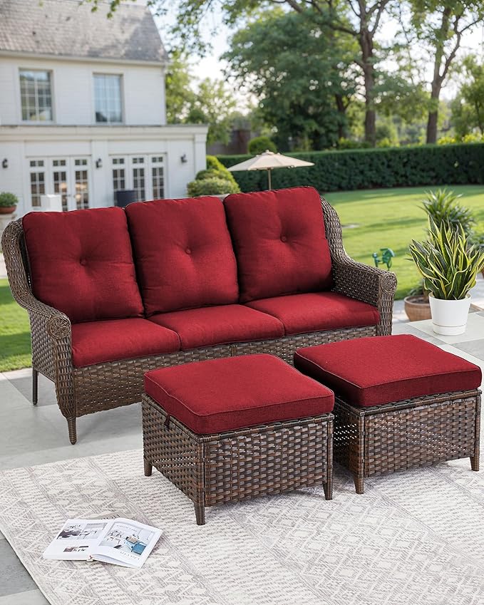 Patio Couch Outdoor Wicker Sofa - Heavy Duty All-Weather Brown Rattan 3-Seater with High Back and Comfortable Thick Cushions for Garden Back Porch Poolside Apartment - Red