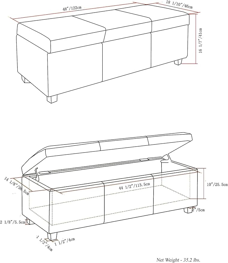 SIMPLIHOME Avalon Storage Ottoman Bench - 48 inch Wide Upholstered Linen Look Fabric Rectangular Lift-Top Ottoman in Cloud Grey, Contemporary Storage Bench for Living Room with High-Density Foam