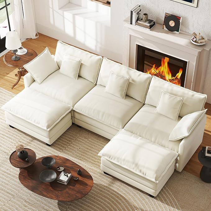 WorthFurni 111.4” Modular Sectional Sofa, U Shape Cloud Couch with 2 Movable Ottoman, Comfy Chenille Deep Seat Sofa with Soft Pillows for Apartment Living Room Bedroom（Beige）