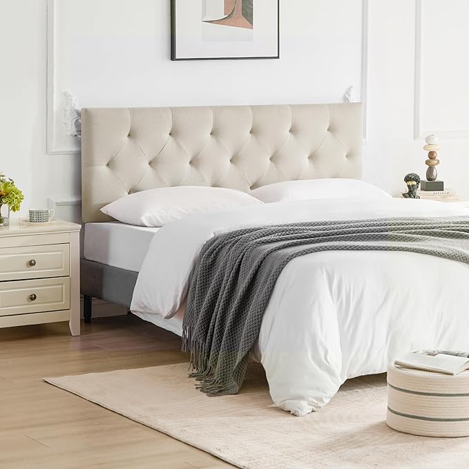 Linen Upholstered Headboard Full Size, Modern Diamond Tufting Solid Wood Full XL Headboard Only, Adjustable Height from 37” to 51” Head Board, Bed Frame or Wall Mount Headboards, Beige