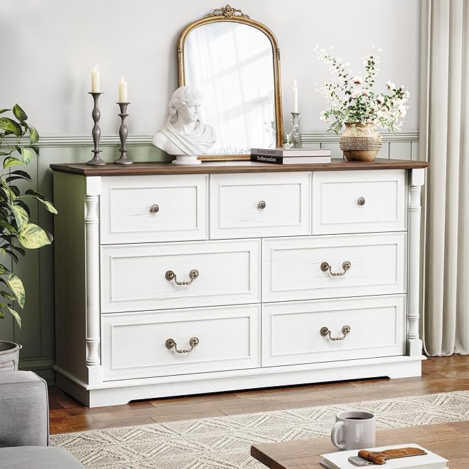 Farmhouse 7 Drawer Dresser for Bedroom, 52" Wide Rustic Chest of Drawers with Retro Handle, White Dresser with Natural Texture, Wood Vintage TV Stand for Living Room, Hallway, Antique White