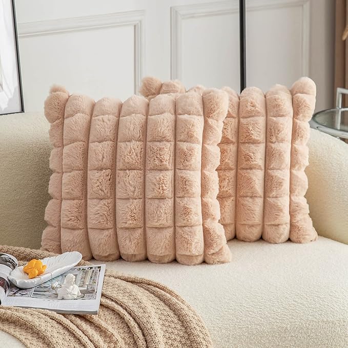 Neelvin Camel Faux Fur Cozy Soft Plaid Decorative Throw Pillow Covers 26x26 inch Set of 2,Velvet Pillowcase Cushion Case for Sofa Couch