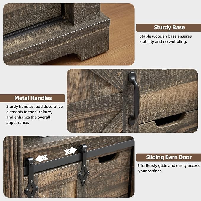 Bathroom Floor Cabinet, Farmhouse Storage Cabinet with Sliding Barn Door, Small Storage Cabinet with Drawer for Bathroom, Kitchen, Living Room, Rustic Style Cabinet (Dark Rustic Oak)