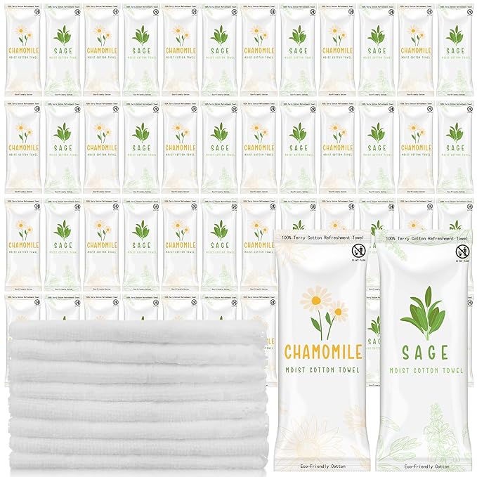 Timgle 50 Pcs Moist Towelettes Individually Wrapped Scented Disposable Face Towels Essential Oil Infused Moist Terry Cotton Towel for Use Hot or Cold Travel Body Spa(Sage, Chamomile)