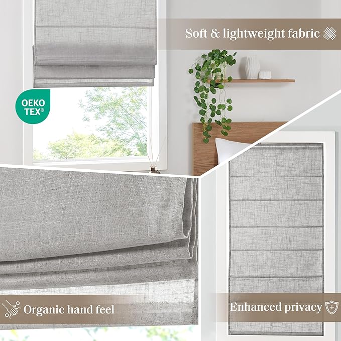 Madison Park Kyler Cordless Roman Shades - Single Panel, Lightweight Linen Blend Fabric, Natural Design, Easy Installation, Light Filtering Window Blind, Bedroom, Living Room Decor 34" W x 64" H Grey