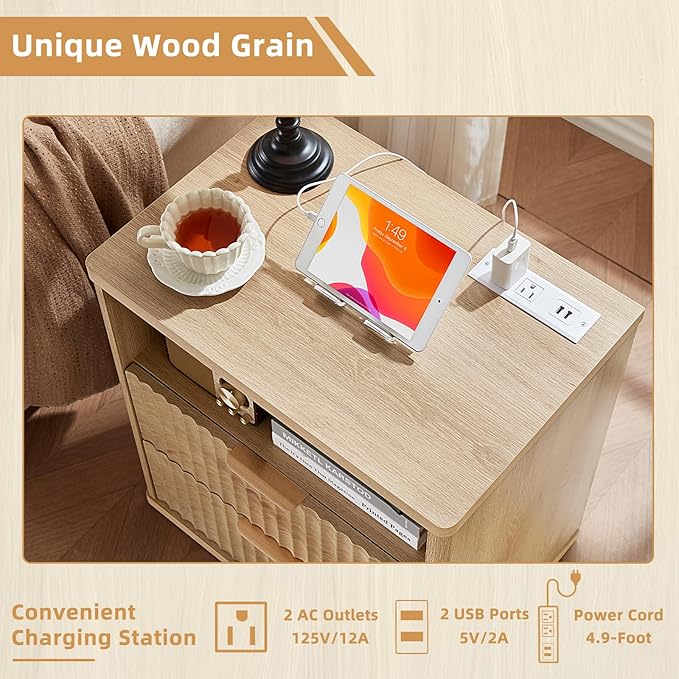 LEYAOYAO Fluted Nightstand with Charging Station, 23" Wide 2 Drawers End Table, Natural Night Stand with Open Storage Cabinet, Farmhouse Bed Side Tables, Wood Dresser for Bedroom, Living Room, Closet