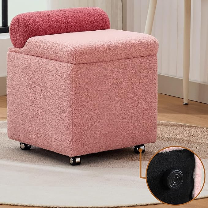 Boucle Vanity Chair with Storage, Swivel Makeup Vanity Chair with Wheels & Safety Hinge, Upholstered Vanity Stool Ottoman for Bedroom, Dressing Room, Pink