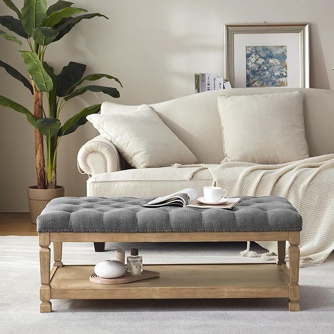 48" Ottoman Coffee Table with Storage, Rectangle Coffee Tables for Living Room, Fabric Tufted Ottomans, Upholstered Storage Ottoman Bench for Bedroom, Entryway (Grey)