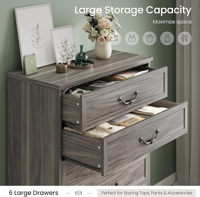 DICTAC Farmhouse 6 Drawers Dresser for Bedroom, 48.2" Tall Dressers Chest of Drawer, Large Storage Closet Organizer with Natural Texture and Vintage Metal Handle, Wooden Vertical Dresser for Hallway