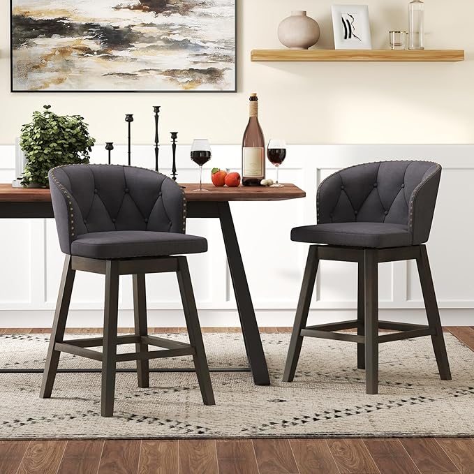 COSTWAY Counter Height Bar Stools Set of 2, Fabric Upholstered Island Stools with 360° Swivel Seat & Button-Tufted Back, Modern Pub Stools with Solid Rubber Wood Frame (Grey,2)