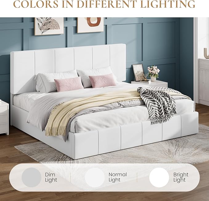 SHA CERLIN King Size Bed Frame, Velvet Upholstered Platform Bed, Vertical Channel Tufted Adjustable Headboard, Low Profile Bed Frame, No Box Spring Needed, Easy Assembly, White