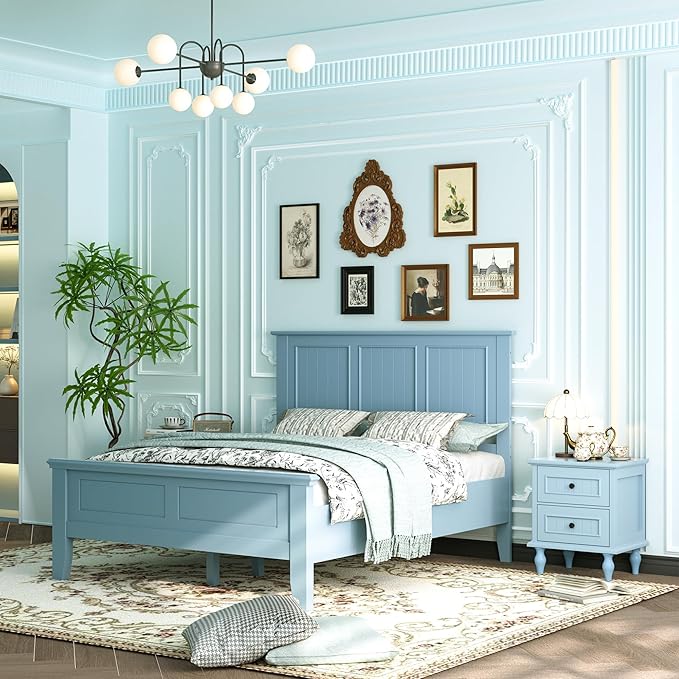 Scurrty Antique Style Wood Headboard Queen Size, Modern Headboard with Vintage Wood Frame, Bedroom Furniture (Blue)