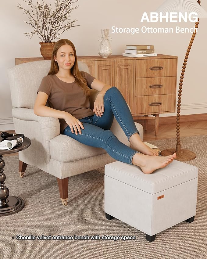 17.7 inches Chenille turfed Ottomans Cube with Legs, Metal-Framed Square Storage Ottoman Foot Rest Stool Holds 770 LB for Dorm Living Room Bedroom White UASND641W
