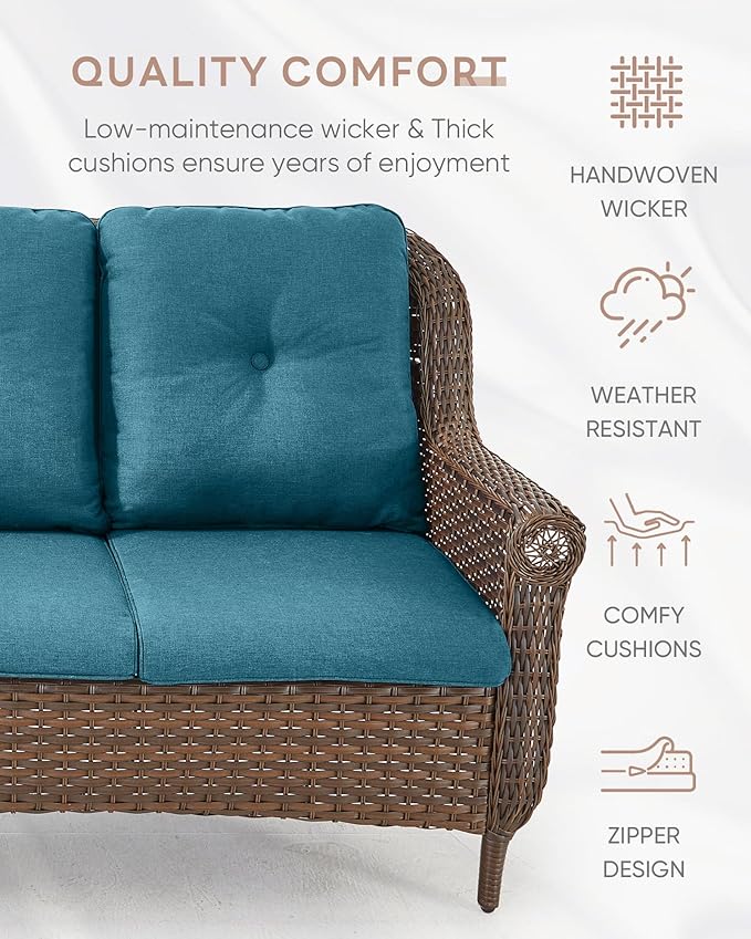 Patio Couch Outdoor Wicker Sofa - Heavy Duty All-Weather Brown Rattan 3-Seater with High Back and Comfortable Thick Cushions for Garden Back Porch Poolside Apartment - Peacock Blue