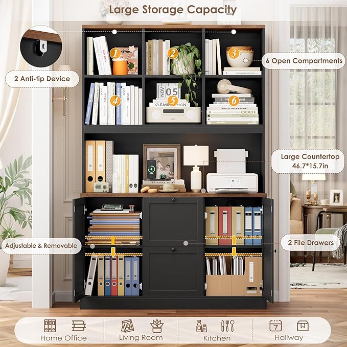 HIFIT 72'' Tall File Bookcase with Power Outlet & Printer Stand, 2 Drawer Filing Cabinets for Home Office Fit Hanging A4 File, Storage Cabinet w/ 3 Tier Open Book Shelf & Doors for Living Room, Black