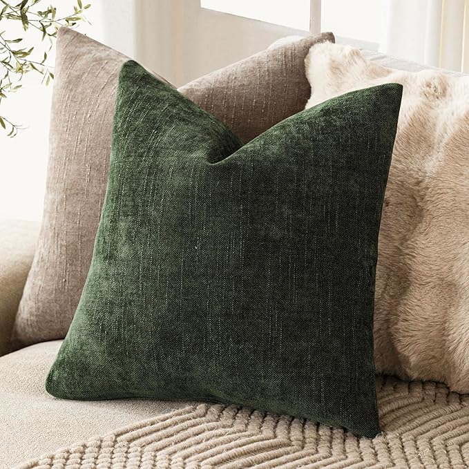 Foindtower Pack of 2 Soft Textured Chenille Throw Decorative Pillow Covers Square Accent Solid Cushion Cover Neutral Farmhouse Pillow Case for Couch Sofa Bedroom Living Room 18x18 Inch,Dark Green