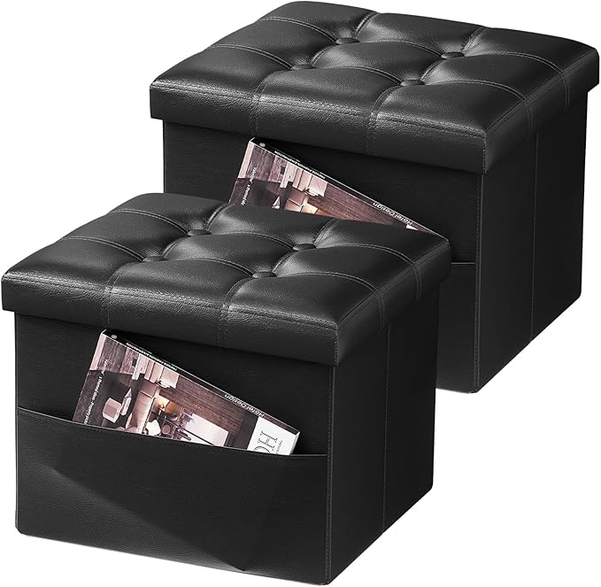 AmasSmile 2PC Storage Ottoman Folding Foot Rest Stool with Side Pocket, 16 inch Leather Footstool Bench, Short Ottoman Bench, Storage Foot Rest Store, Books, Black